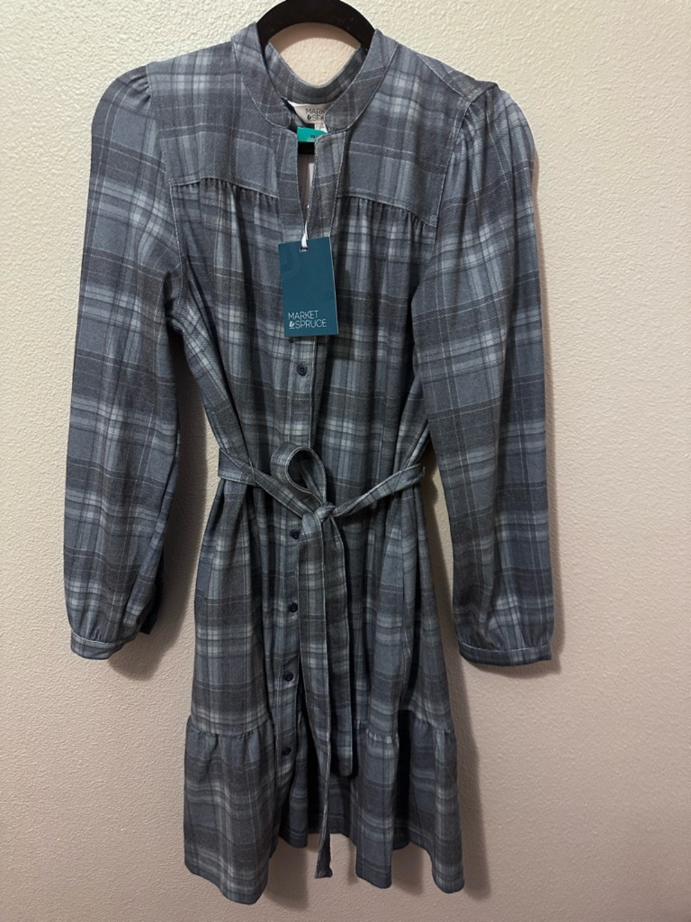 Market & Spruce Gray/blue Plaid Button-Down Tie-Waist Dress